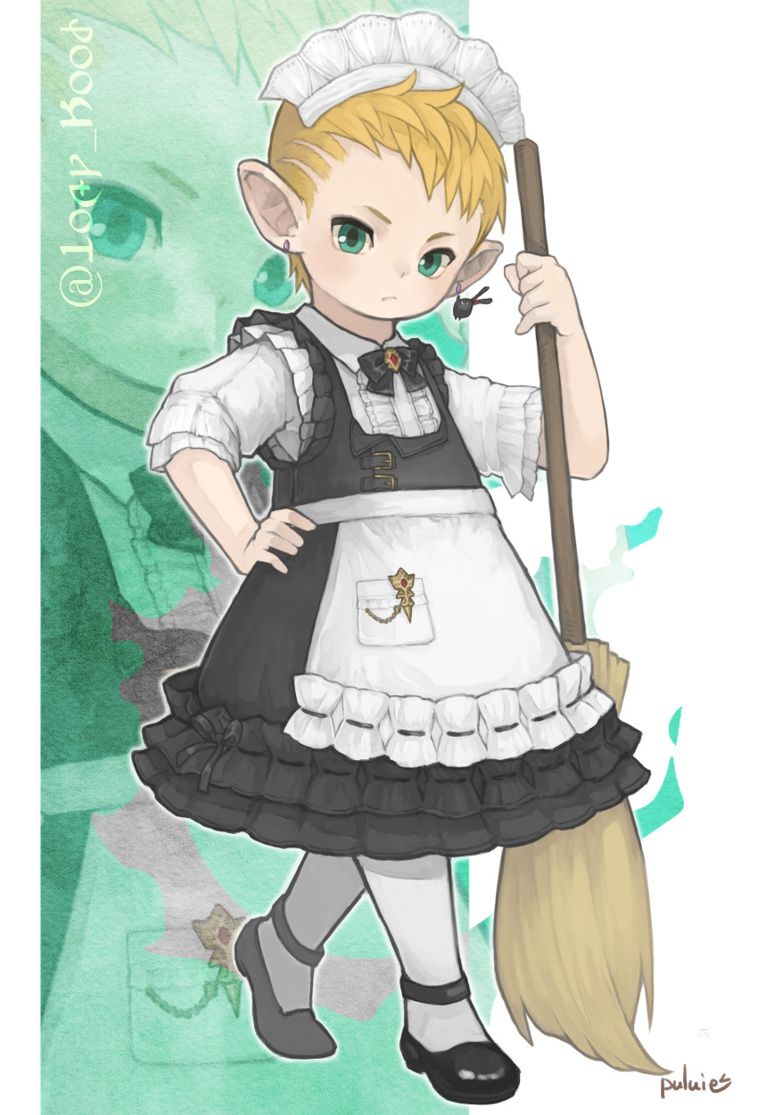 1boy absurdres apron black_bow black_bowtie black_dress blonde_hair bow bowtie broom closed_mouth collar crossdressing dress earrings final_fantasy final_fantasy_xiv frilled_dress frills full_body gem green_eyes hand_on_own_hip highres holding holding_broom jewelry lalafell looking_at_viewer maid maid_apron maid_headdress multiple_views pointy_ears puluie short_hair signature single_earring spriggan_(final_fantasy) tiptoes waist_apron white_collar white_headdress