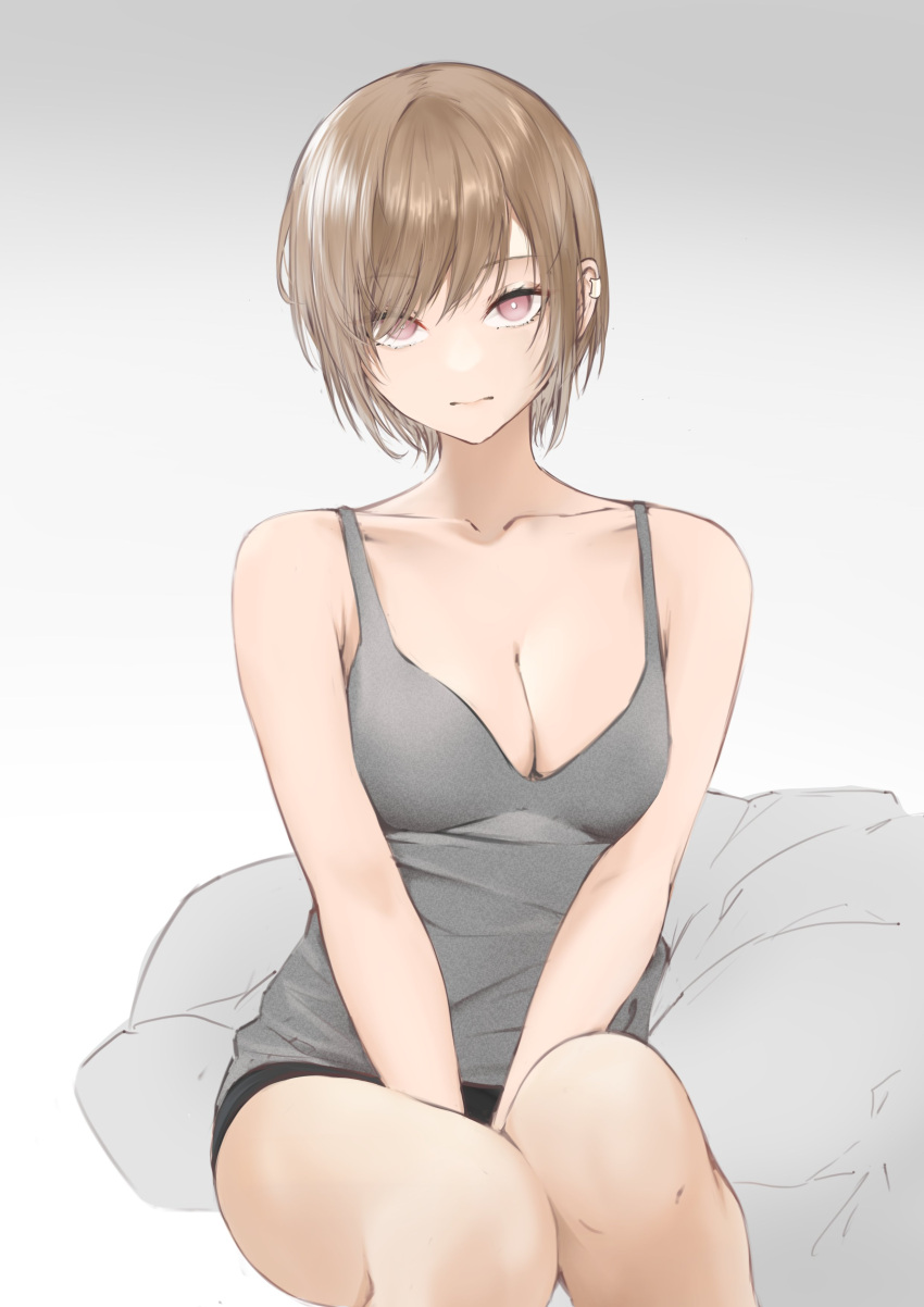 1girl a9_(repainter) absurdres between_legs black_shorts breasts bright_pupils brown_hair cleavage closed_mouth collarbone commentary earclip grey_tank_top hand_between_legs highres looking_at_viewer medium_breasts original red_eyes short_hair shorts sidelocks solo tank_top