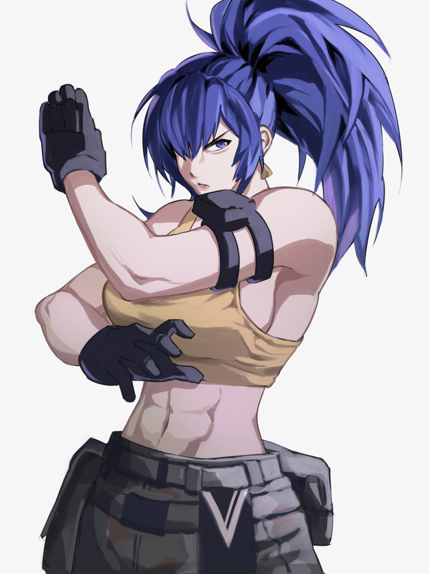 abs arm_pouch bare_shoulders black_gloves blue_eyes blue_hair breasts camouflage camouflage_pants crop_top earrings gloves highres jewelry leona_heidern muscular muscular_female pants po9046 ponytail simple_background sleeveless soldier tank_top the_king_of_fighters the_king_of_fighters_xv triangle_earrings white_background yellow_tank_top