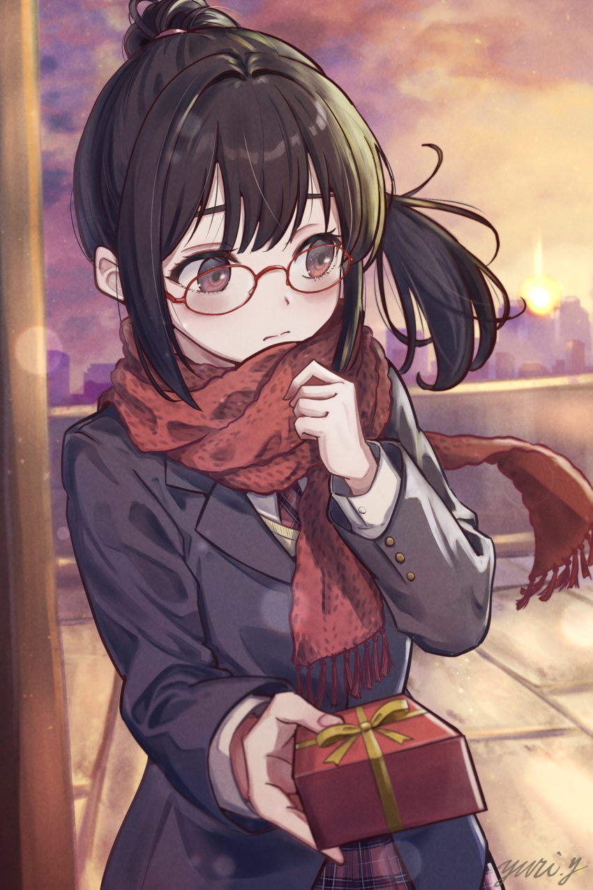 1girl black_hair blush glasses hand_up highres original pleated_skirt ponytail red-framed_eyewear red_eyes red_scarf scarf school_uniform skirt solo sunset uniform valentine yuri_yone