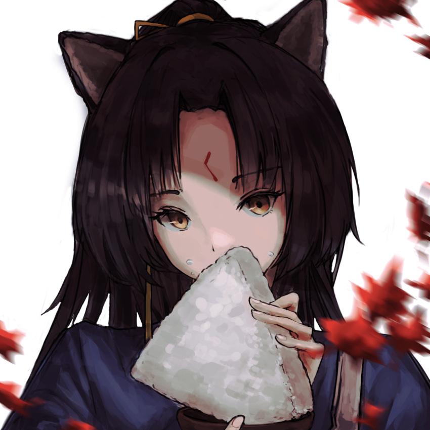 1girl animal_ears arknights black_hair blurry close-up commentary covered_mouth dog_ears dog_girl facial_mark fingernails food food_on_face forehead_mark hair_ribbon hand_up highres holding holding_food komegu_619 leaf long_hair looking_at_viewer motion_blur portrait ribbon rice rice_on_face saga_(arknights) simple_background solo white_background yellow_eyes yellow_ribbon