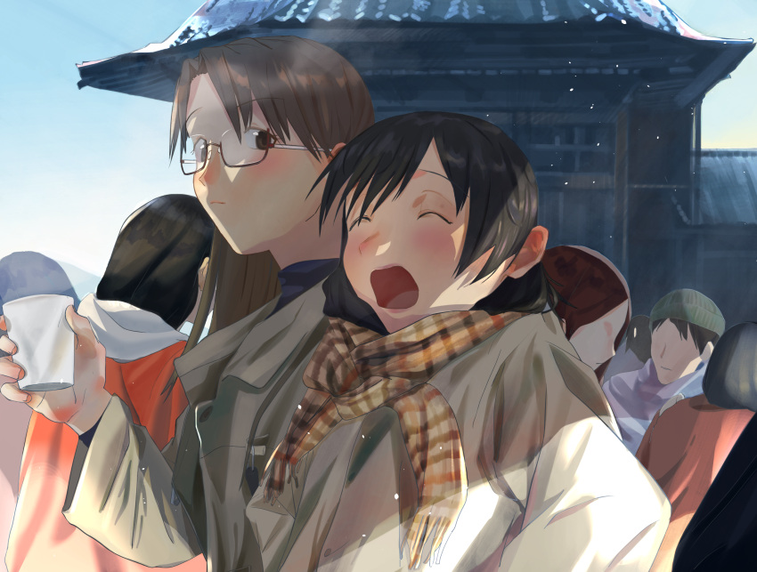 2girls azumanga_daioh black_hair brown_hair closed_eyes coat crowd cup day disposable_cup glasses highres holding holding_cup kozuehikaru long_hair long_sleeves mizuhara_koyomi multiple_girls outdoors plaid plaid_scarf scarf short_hair takino_tomo upper_body yawning