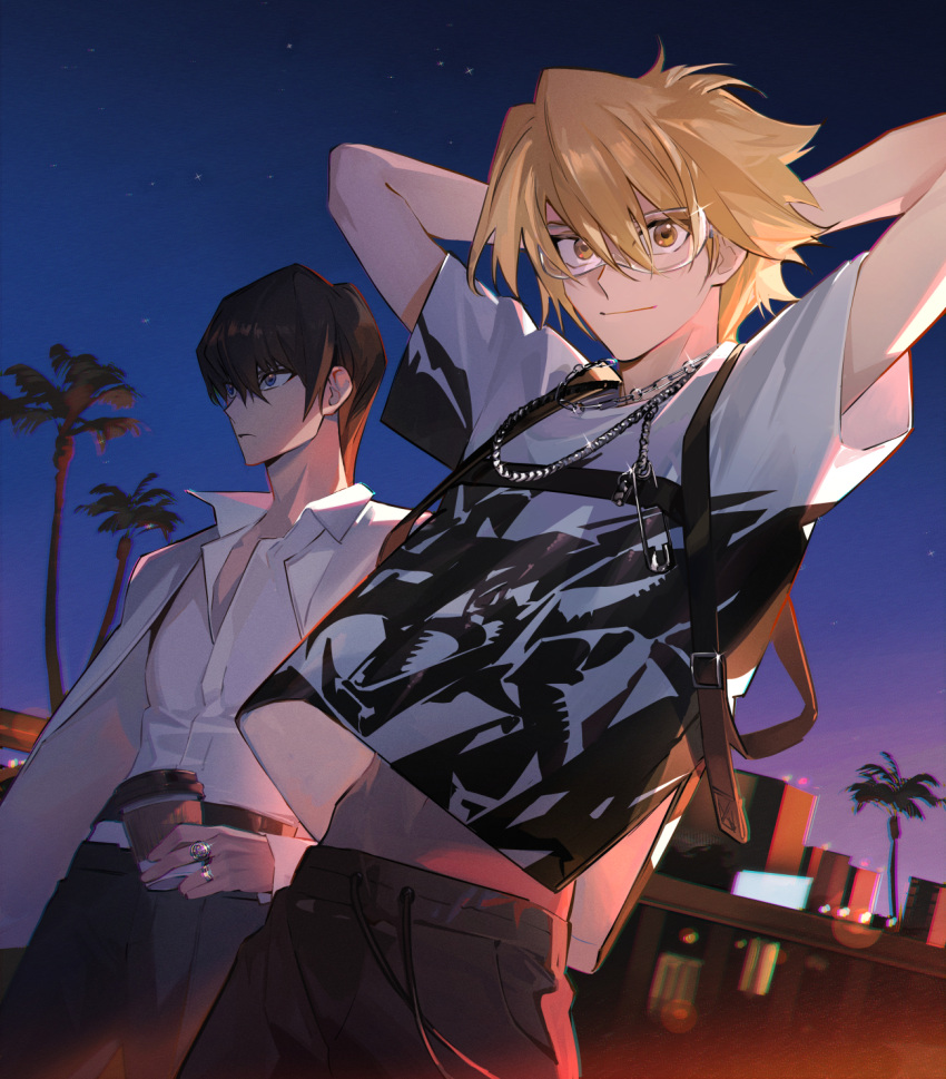 2boys arms_behind_head arms_up blonde_hair blue_eyes brown_hair chain_necklace city_lights coffee_cup collared_shirt cup disposable_cup glasses hair_between_eyes highres inkerpape jewelry jounouchi_katsuya kaiba_seto male_focus multiple_boys navel necklace night night_sky outdoors palm_tree shirt short_hair sidelighting sky smile star_(sky) starry_sky sunset t-shirt tree upper_body white_shirt yellow_eyes yu-gi-oh! yu-gi-oh!_duel_monsters