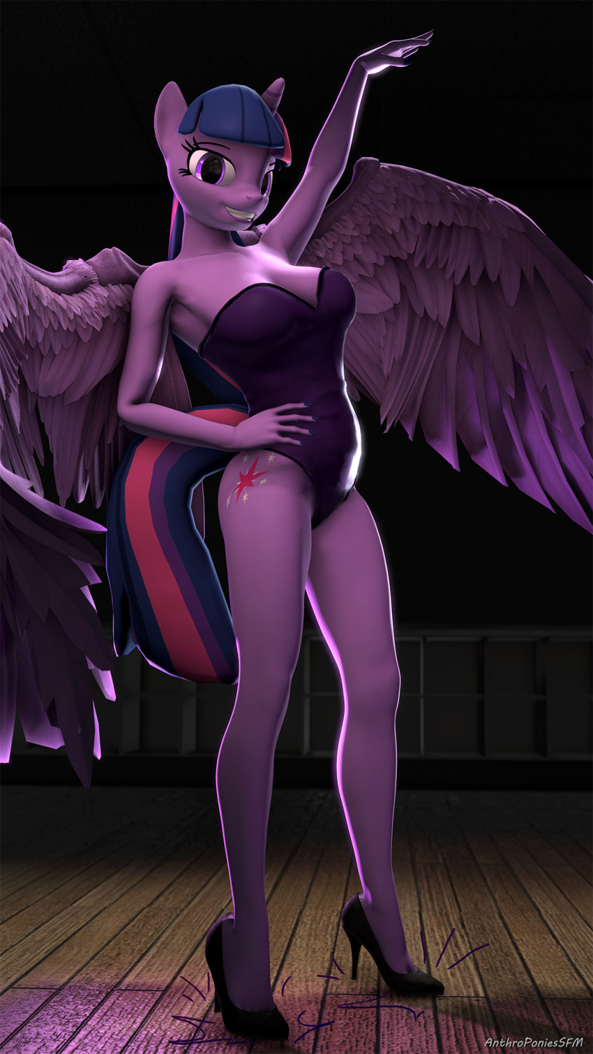 2018 5_fingers anthro anthrofied anthroponiessfm artist_name bare_legs bedroom_eyes blue_hair breasts cleavage clothed clothing cutie_mark dance_shoes dancewear dancing emanata equid equine eyebrows eyelashes feathered_wings feathers female fingers floor footwear friendship_is_magic fur grinning_at_viewer hair hand_on_hip hasbro hi_res high_heels horn impact_lines leotard looking_at_viewer mammal my_little_pony mythological_creature mythological_equine mythology narrowed_eyes pink_hair purple_body purple_clothing purple_eyes purple_footwear purple_fur purple_hair purple_high_heels purple_leotard seductive shoes smile smiling_at_viewer solo stiletto_heels tap_dancing tap_shoes twilight_sparkle_(mlp) unicorn_horn winged_unicorn wings wood wood_floor