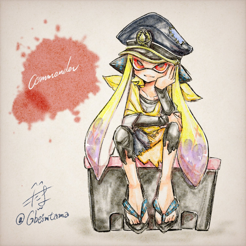 1girl agent_3_(splatoon) artist_name black_pants blonde_hair closed_mouth commentary_request flip-flops full_body gbeimtama gradient_hair hat headphones highres inkling inkling_girl inkling_player_character long_hair looking_at_viewer multicolored_hair pants peaked_cap purple_hair red_hair sandals simple_background sitting smile solo splatoon_(series) splatoon_3 tentacle_hair torn_clothes torn_pants twitter_username two-tone_hair white_background