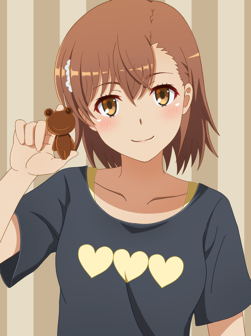 1girl arm_at_side black_shirt blush bob_cut breasts brown_background brown_eyes brown_hair casual chocolate close-up closed_mouth commentary eyelashes flower food gekota hair_between_eyes hair_flower hair_ornament hairclip hand_up head_tilt heart heart_print highres holding holding_chocolate holding_food kasumi_uzuki layered_shirt looking_at_viewer misaka_mikoto portrait railgun shirt short_hair short_sleeves small_breasts smile solo t-shirt toaru_kagaku_no_railgun toaru_majutsu_no_index upper_body valentine white_flower yellow_shirt