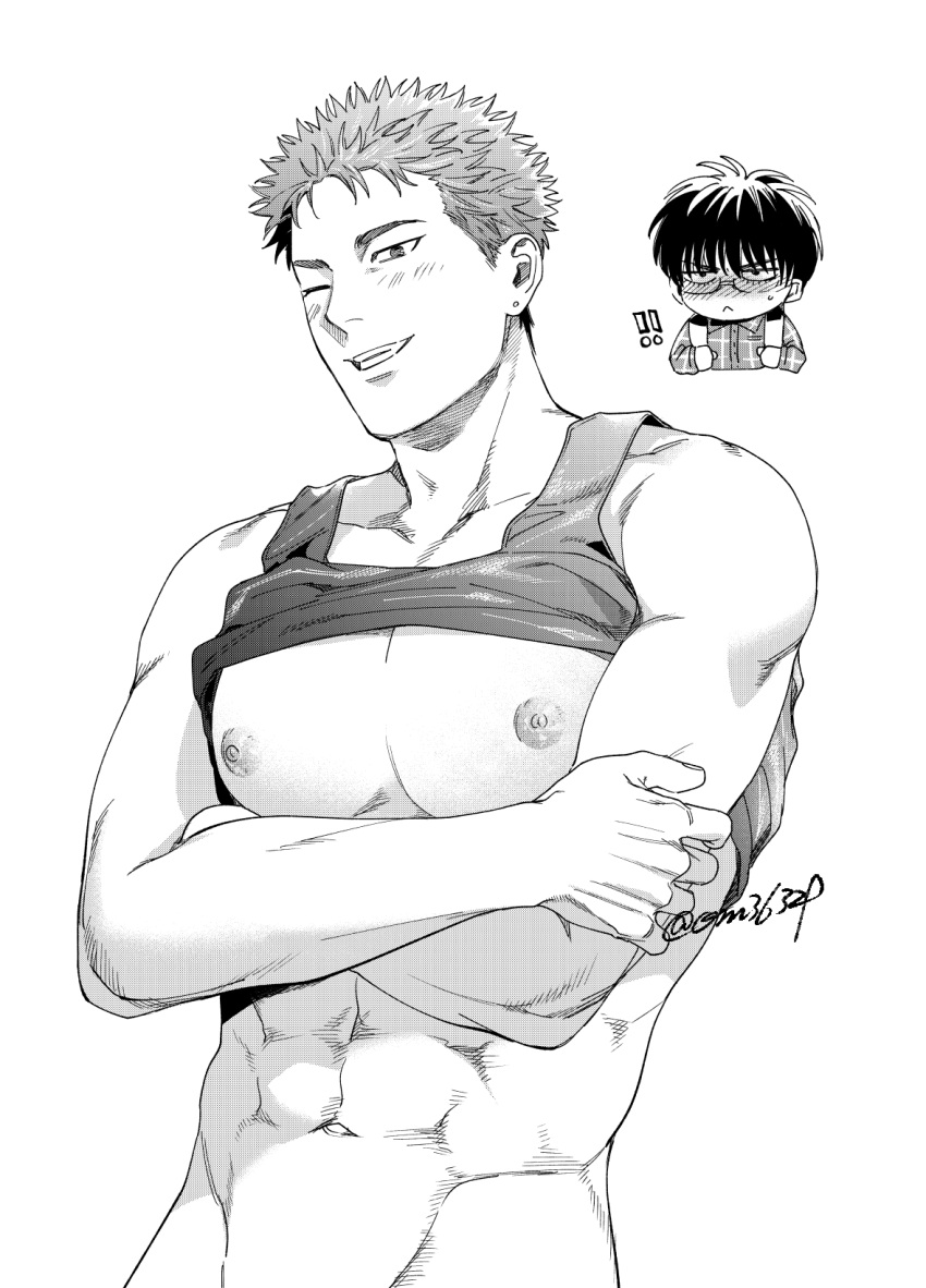 ! !! 2boys abs bara bare_pectorals blush clothes_lift crossed_arms glasses greyscale highres large_pectorals male_focus monochrome multiple_boys muscular muscular_male navel nipples om3632f one_eye_closed pectorals rukawa_kaede sakuragi_hanamichi shirt short_hair slam_dunk_(series) smile tank_top twitter_username upper_body