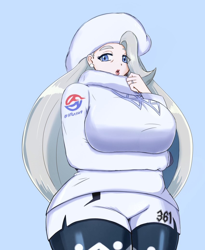 1girl absurdres arm_under_breasts blonde_hair blue_eyes breasts curvy earrings fur_hat grey_hair hat highres jewelry large_breasts legwear_under_shorts lipstick long_hair long_sleeves makeup mature_female melony_(pokemon) multicolored_hair pantyhose_under_shorts parted_lips plump pokemon pokemon_(game) pokemon_swsh scarf shorts streaked_hair sweater thick_thighs thighs user_gphx5782 ushanka white_scarf white_sweater wide_hips