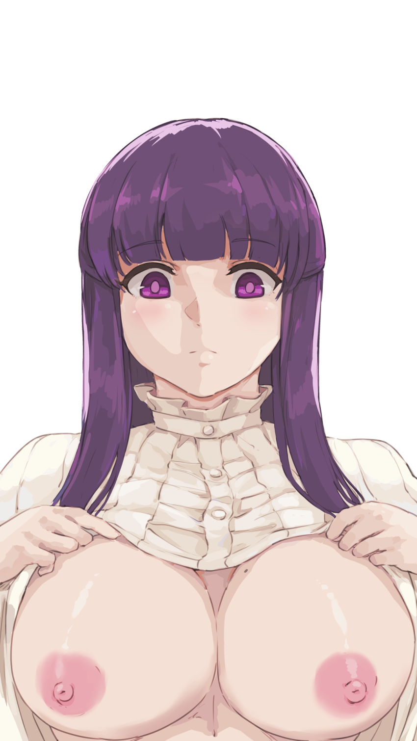 1girl blunt_bangs breasts capelet closed_mouth fern_(sousou_no_frieren) highres large_breasts lifted_by_self long_hair looking_at_viewer nipples purple_eyes purple_hair purple_pupils simple_background solo sousou_no_frieren straight_hair tyrone upper_body white_background white_capelet