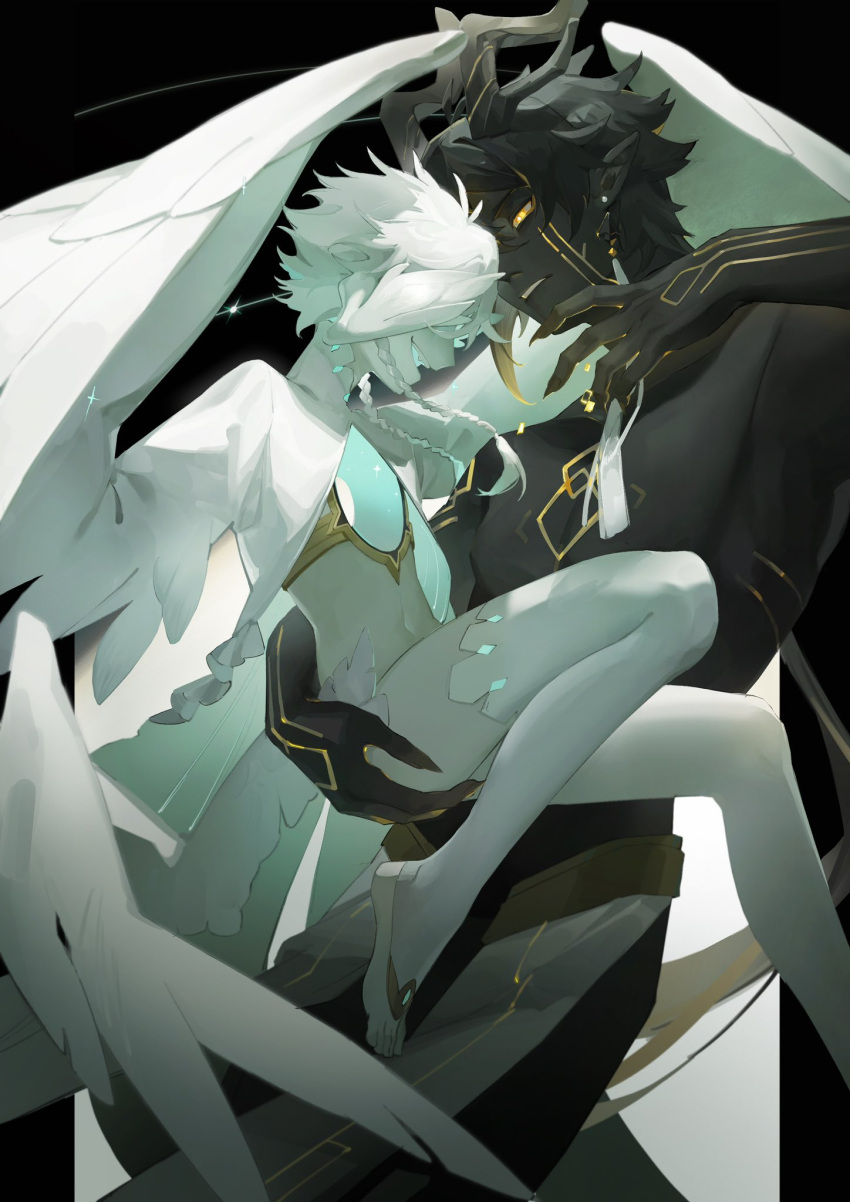 2boys alternate_form altummm angel_wings antlers arm_tattoo black_background black_hair black_skin braid carrying carrying_person chest_tattoo clenched_teeth colored_skin couple covered_eyes crop_top earrings facial_tattoo fang feathered_wings fingernails genshin_impact glowing glowing_eyes hand_tattoo head_wings highres horns jewelry midriff multiple_boys navel open_mouth sharp_fingernails short_hair short_shorts shorts simple_background sitting sitting_on_hand sitting_on_person tattoo teeth thighhighs twin_braids venti_(archon)_(genshin_impact) venti_(genshin_impact) white_hair white_skin white_thighhighs white_wings wings yaoi yellow_eyes zhongli_(archon)_(genshin_impact) zhongli_(genshin_impact)