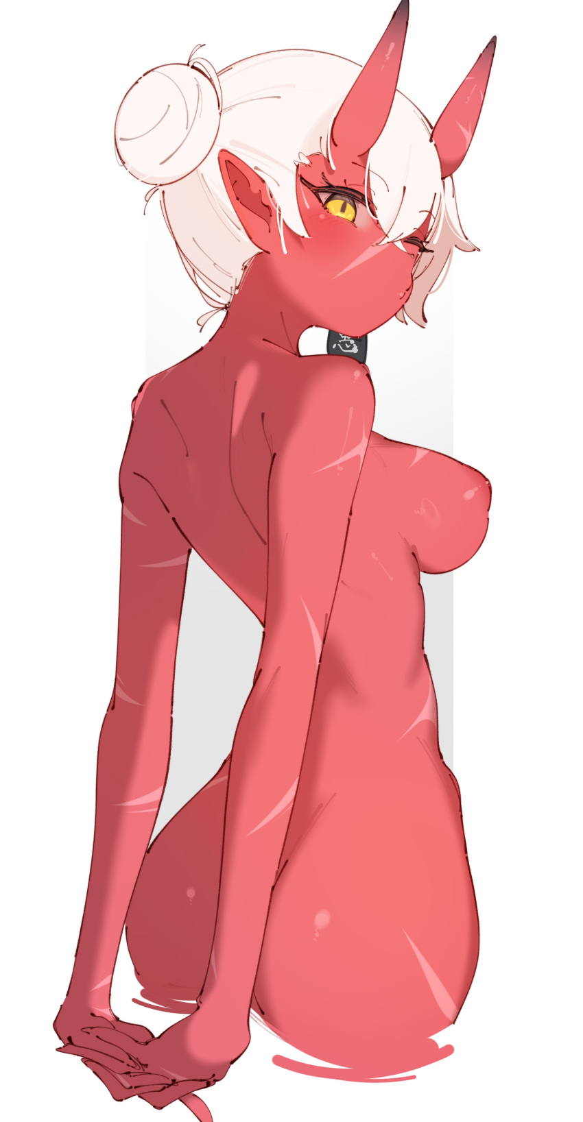 absurdres akumi_(yoclesh) arms_behind_back ass back breasts colored_skin earrings feet_out_of_frame hair_bun highres horns indie_virtual_youtuber jewelry looking_at_viewer looking_back multiple_scars nude one_eye_closed oni own_hands_clasped own_hands_together pointy_ears pout puffy_nipples rasusurasu red_skin scar single_earring solo stretching virtual_youtuber white_background white_hair yellow_eyes