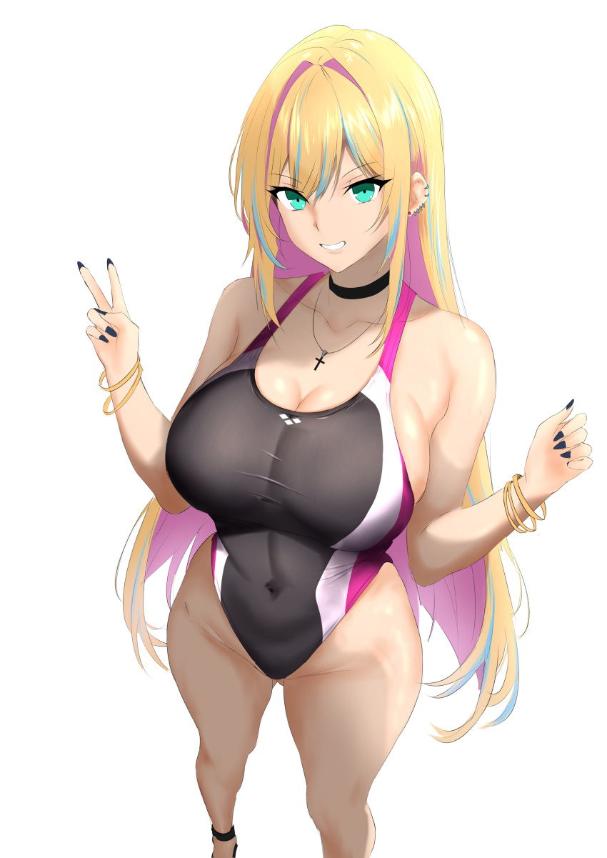 1girl absurdres black_choker black_nails black_one-piece_swimsuit blonde_hair breasts choker cleavage colored_inner_hair competition_swimsuit covered_navel feet_out_of_frame green_eyes grin gyaru highres kogal large_breasts multicolored_clothes multicolored_hair multicolored_swimsuit nail_polish one-piece_swimsuit original piercing pink_hair ranhatu smile solo standing streaked_hair swimsuit white_background