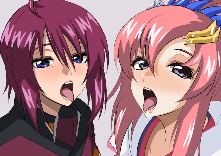 2girls blue_eyes commentary_request commission grey_background gundam gundam_seed gundam_seed_freedom hair_between_eyes hair_ornament jacket jeminiremu lacus_clyne light_blush long_hair looking_at_viewer lunamaria_hawke military_jacket multiple_girls open_mouth pink_hair pixiv_commission purple_hair red_jacket short_hair side-by-side simple_background teeth tongue tongue_out