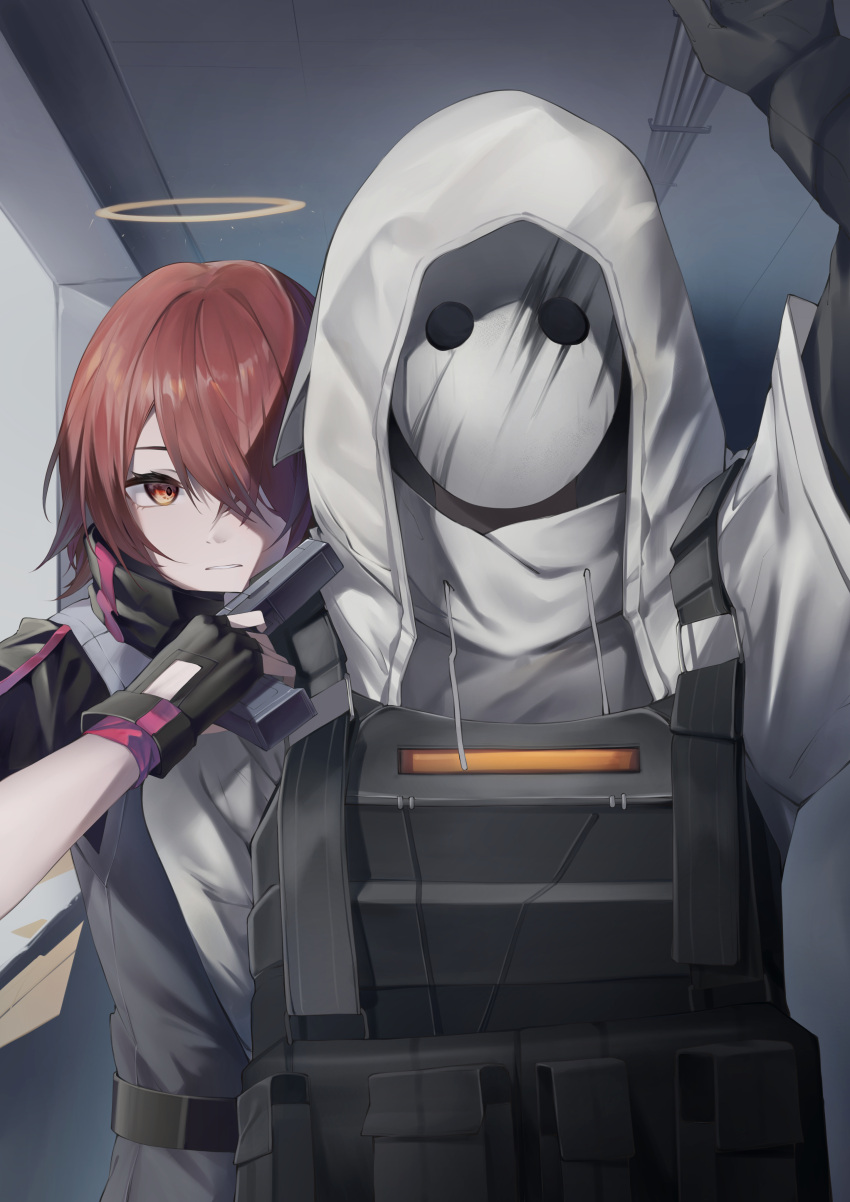 1girl 1other absurdres arknights arm_up at_gunpoint bulletproof_vest coat exusiai_(arknights) grey_jacket gun hair_over_one_eye halo highres holding holding_gun holding_weapon hood hood_up hooded_coat indoors jacket mask parted_lips r_oot red_eyes red_hair reunion_soldier_(arknights) short_hair weapon white_coat