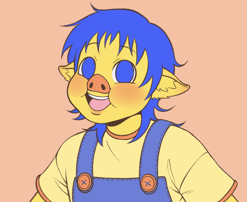 absurd_res anthro bangs blue_eyes blue_hair blush clothed clothing colored domestic_pig don't_hug_me_i'm_scared dreamscreep ears_down eyebrow_through_hair eyebrows fully_clothed fur hair hi_res inner_ear_fluff looking_at_viewer male mammal mullet open_mouth open_smile orange_nose overalls pig_nose pivoted_ears prick_ears raised_eyebrows shirt smile smiling_at_viewer snout solo suid suina sus_(pig) t-shirt topwear translucent translucent_hair tuft yellow_body yellow_fur yellow_guy_(dhmis) young