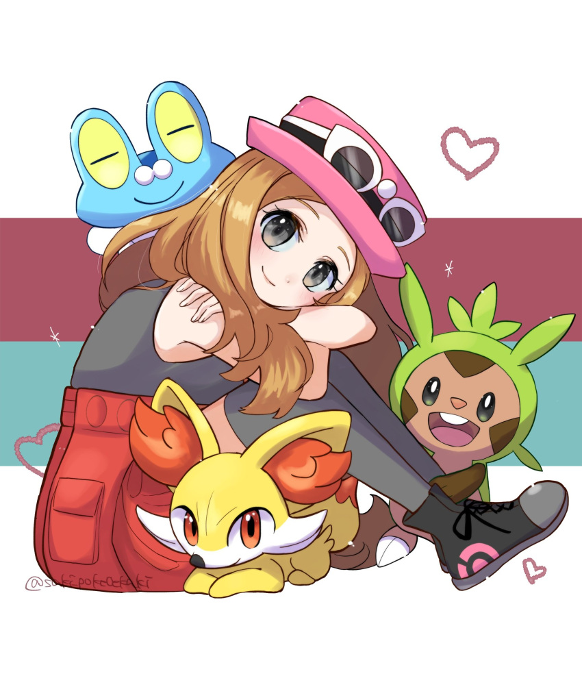 1girl :d black_footwear blue_background brown_hair chespin closed_mouth commentary_request cross-laced_footwear dark_skin eyelashes eyewear_on_headwear fennekin fox froakie frog full_body grey_eyes hat heart highres long_hair looking_at_viewer multicolored_background open_mouth orange_eyes pink_headwear poke_ball_print pokemon pokemon_(creature) pokemon_xy print_footwear red_background saki_pokeoekaki serena_(pokemon) shoes sitting smile starter_pokemon_trio sunglasses teeth upper_teeth_only white-framed_eyewear white_background yellow_fur