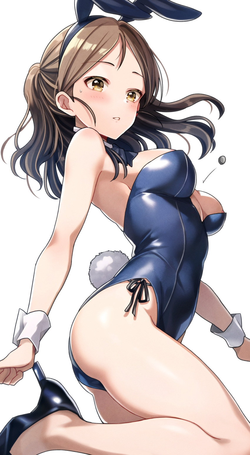 1girl absurdres ass ayase_honoka bare_shoulders blue_footwear blue_leotard blush breasts brown_eyes brown_hair buttons commentary_request double-breasted from_side half_updo high_heels highres idolmaster idolmaster_cinderella_girls leotard looking_ahead medium_breasts playboy_bunny popon_ta popped_button side-tie_leotard simple_background solo sweat white_background white_wrist_cuffs wrist_cuffs
