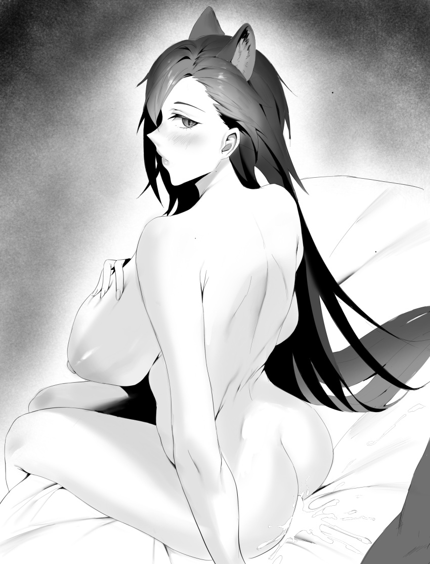 1girl absurdres after_sex animal_ear_fluff animal_ears arknights ass back bed_sheet breasts closed_mouth cum cum_pool from_behind greyscale hand_on_own_chest hetero highres hpysis huge_breasts long_hair looking_at_viewer looking_back monochrome nipples no_tail on_bed penance_(arknights) sitting solo very_long_hair wolf_ears
