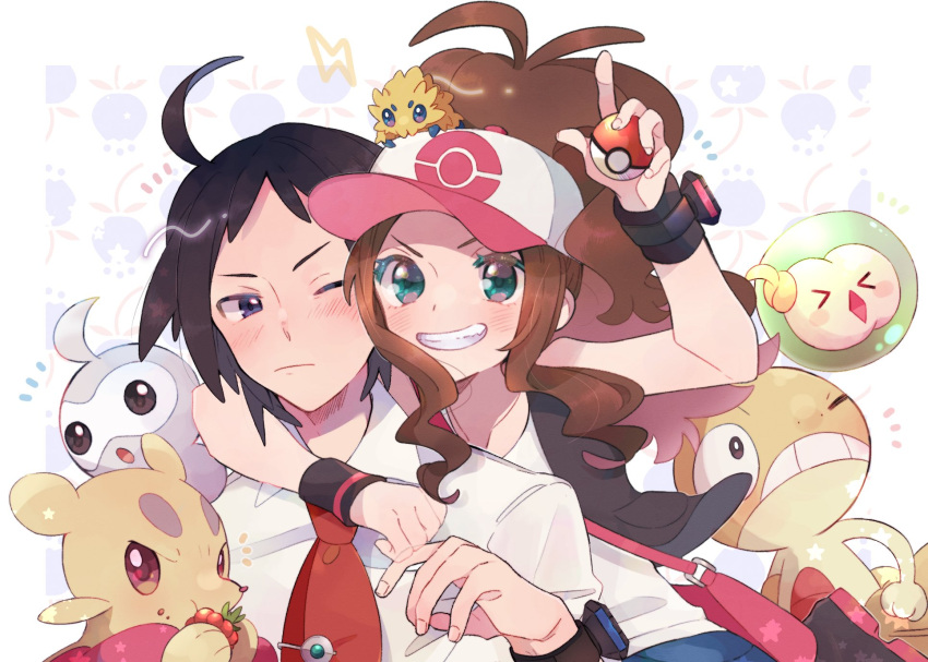 &gt;_&lt; 1boy 1girl :d ahoge baseball_cap berry_(pokemon) black_hair blue_eyes brown_hair castform castform_(normal) cheren_(pokemon) commentary_request eating hat high_ponytail highres hilda_(pokemon) holding holding_poke_ball long_hair mienfoo misha_(ohds101) necktie one_eye_closed poke_ball poke_ball_(basic) poke_ball_print pokemon pokemon_(creature) pokemon_bw print_headwear red_eyes red_necktie scraggy smile solosis white_background wristband xd