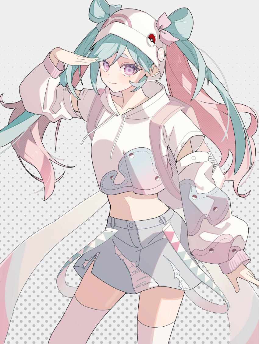 1girl absurdres aqua_hair beanie cropped_hoodie detached_sleeves gradient_background hair_between_eyes hat hatsune_miku highres hood hoodie long_hair looking_at_viewer multicolored_hair pastel_colors pink_hair pokemon polka_dot polka_dot_background project_voltage psychic_miku_(project_voltage) purple_eyes rashu_kaito salute skirt smile solo standing thighhighs twintails two-tone_hair very_long_hair vocaloid white_background white_thighhighs