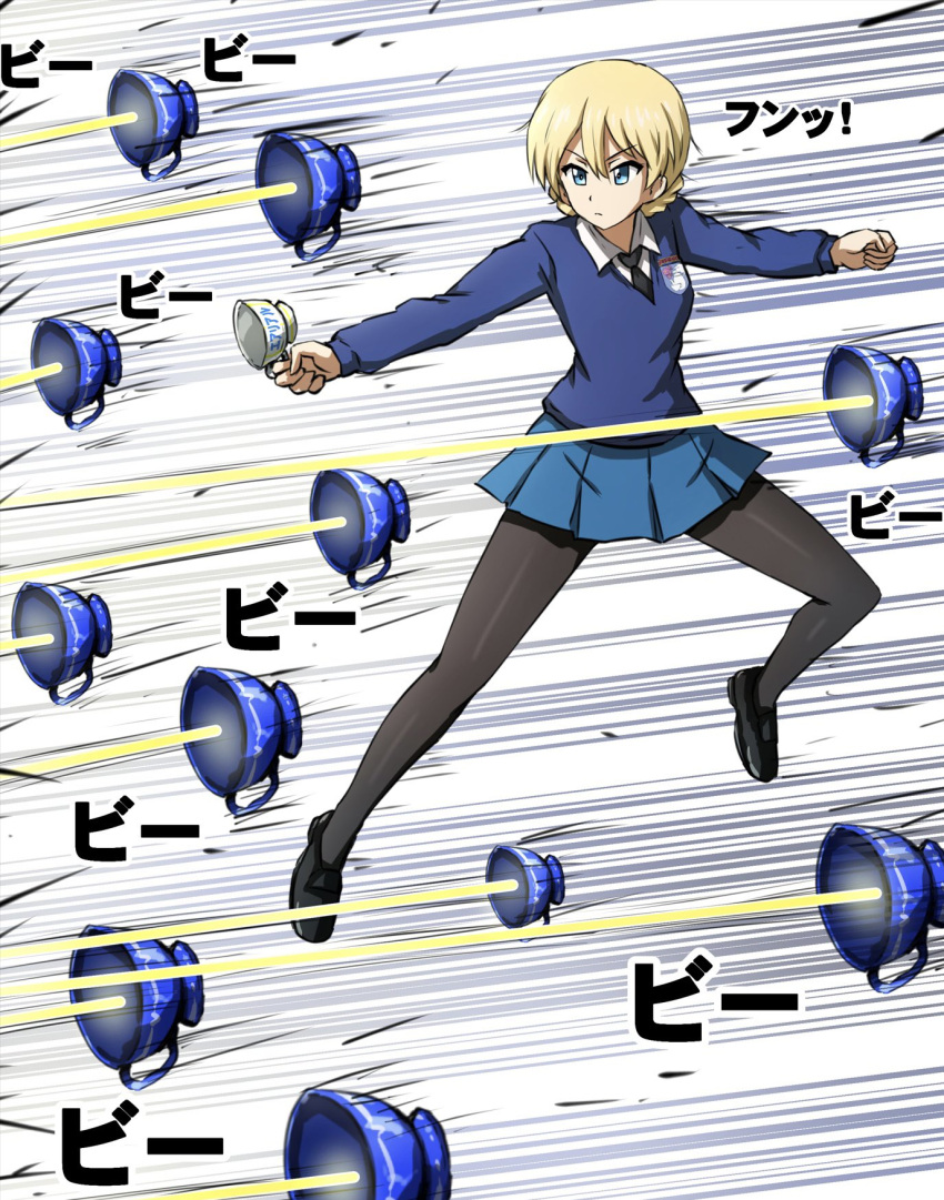 1girl black_footwear black_necktie black_pantyhose blonde_hair blue_eyes blue_skirt blue_sweater braid closed_mouth commentary cup darjeeling_(girls_und_panzer) dress_shirt emblem floating frown girls_und_panzer gundam gundam_suisei_no_majo highres holding holding_cup laser loafers long_sleeves looking_to_the_side miniskirt motion_lines necktie omachi_(slabco) pantyhose pleated_skirt school_uniform shirt shoes short_hair skirt solo st._gloriana's_(emblem) st._gloriana's_school_uniform sweater teacup translated twin_braids v-neck white_shirt wing_collar