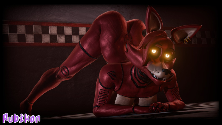 animatronic anthro athletic black_nose blender_(software) canid canine clothing curvy_figure ear_piercing female five_nights_at_freddy's fox foxy_(fnaf) glowing glowing_eyes hair hi_res humanoid humanoid_pointy_ears jack-o'_pose living_machine looking_at_viewer machine mammal piercing pose red_body red_hair robot robot_humanoid rubikon_(artist) scottgames solo waist