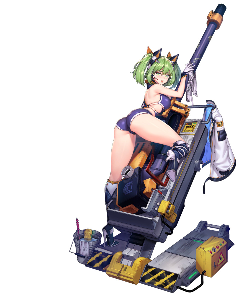 1girl absurdres armored_collar ass back blue_footwear blue_one-piece_swimsuit blush boots breasts bucket bucket_of_water c.honey cannon cleaning english_text fang from_behind full_body game_cg gloves green_eyes green_hair groin_tendon hair_between_eyes handprint headset high_heel_boots high_heels high_voltage_symbol highres holding_rag huge_weapon jacket knee_boots last_origin leg_up lever looking_at_viewer looking_back medium_breasts mole mole_on_thigh mole_under_eye official_alternate_costume official_art one-piece_swimsuit open_mouth phoenix_(last_origin) rag scratches sexually_suggestive short_hair short_twintails shoulder_blades simple_background smile solo sponge swimsuit tachi-e third-party_source transparent_background twintails underboob unworn_jacket weapon white_gloves white_jacket