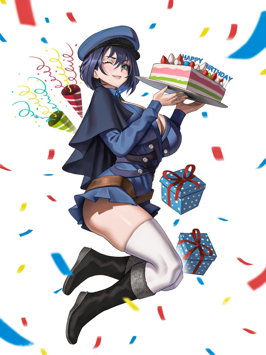 1girl birthday_cake black_footwear blue_capelet blue_dress blue_eyes blue_hair blue_headwear blush boots box breasts buttons cake capelet cleavage cleavage_cutout clothing_cutout confetti double-breasted dress food frilled_dress frills gift gift_box hair_between_eyes happy_birthday hat highres holding holding_food hololive hololive_english jumping large_breasts lipstick long_sleeves looking_at_viewer makeup one_eye_closed ouro_kronii party_popper seventeencrows short_dress short_hair skindentation smile solo thick_thighs thighhighs thighs virtual_youtuber white_background white_thighhighs