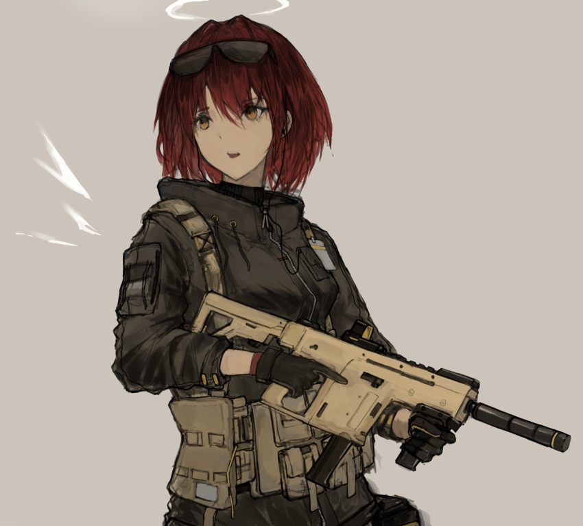 1girl arknights black_gloves black_jacket brown_background cowboy_shot earphones exusiai_(arknights) exusiai_(wild_operation)_(arknights) eyewear_on_head gloves gun hair_between_eyes halo highres holding holding_gun holding_weapon jacket komegu_619 kriss_vector long_sleeves looking_to_the_side official_alternate_costume open_mouth red_hair short_hair simple_background solo submachine_gun sunglasses teeth trigger_discipline upper_teeth_only weapon white_halo yellow_eyes zipper