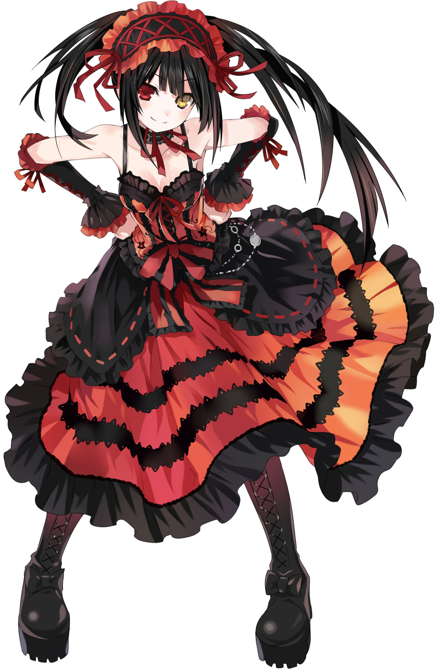 1girl absurdres acedia_chow bare_shoulders black_hair boots breasts cleavage clock clock_eyes date_a_live detached_sleeves dress gears gothic_lolita hairband hands_on_own_hips heterochromia highres lolita_fashion lolita_hairband long_hair looking_at_viewer medium_breasts raizen_high_school_uniform red_eyes ribbon roman_numeral school_uniform smile solo symbol-shaped_pupils tokisaki_kurumi twintails uneven_twintails yellow_eyes