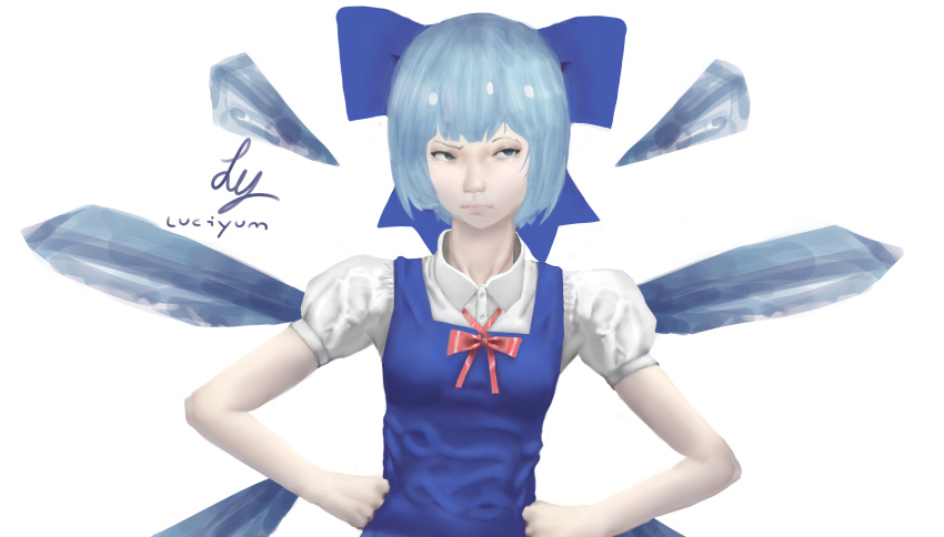 1girl absurdres blue_bow blue_dress blue_eyes blue_hair bow cirno dress gradient_eyes hair_bow highres ice ice_wings luciyum multicolored_eyes non-web_source profile realistic red_bow shirt short_hair solo solo_focus touhou white_background white_shirt wings