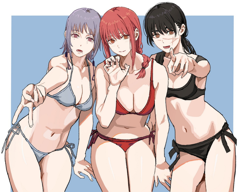 3girls alternate_costume bikini black_bikini braid breasts chainsaw_man claw_pose cleavage collarbone commentary fami_(chainsaw_man) grey_bikini gyaru_v looking_at_viewer makima_(chainsaw_man) medium_breasts mole mole_under_eye multiple_girls multiple_moles navel pointing pointing_at_viewer red_bikini ringed_eyes scar scar_on_face shiren_(ourboy83) siblings side-tie_bikini_bottom simple_background sisters stomach swimsuit two-tone_background v yoru_(chainsaw_man)