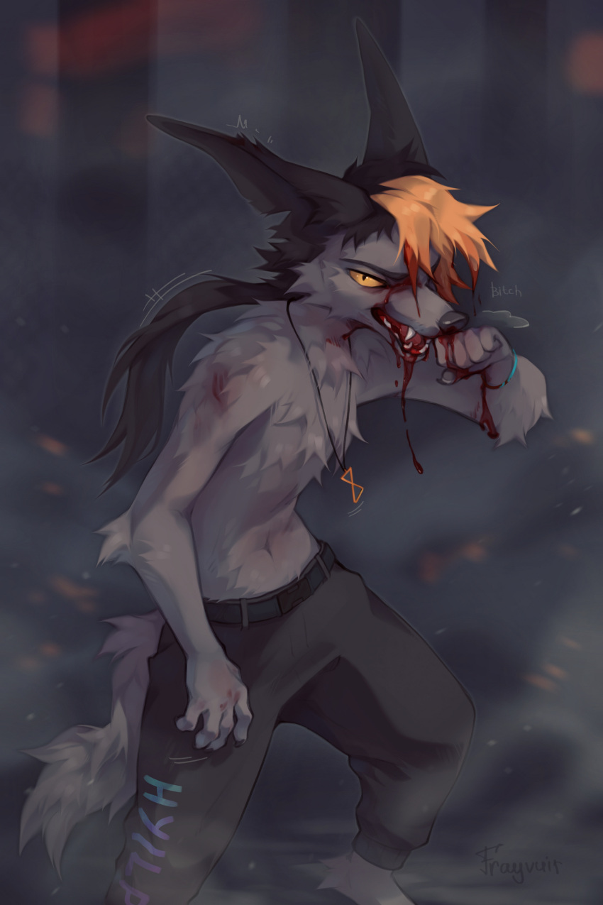 2022 5_fingers absurd_res anthro blood bodily_fluids canid canine clothed clothing digital_media_(artwork) fingers frayvuir hi_res male mammal open_mouth shirtless smile solo teeth tongue