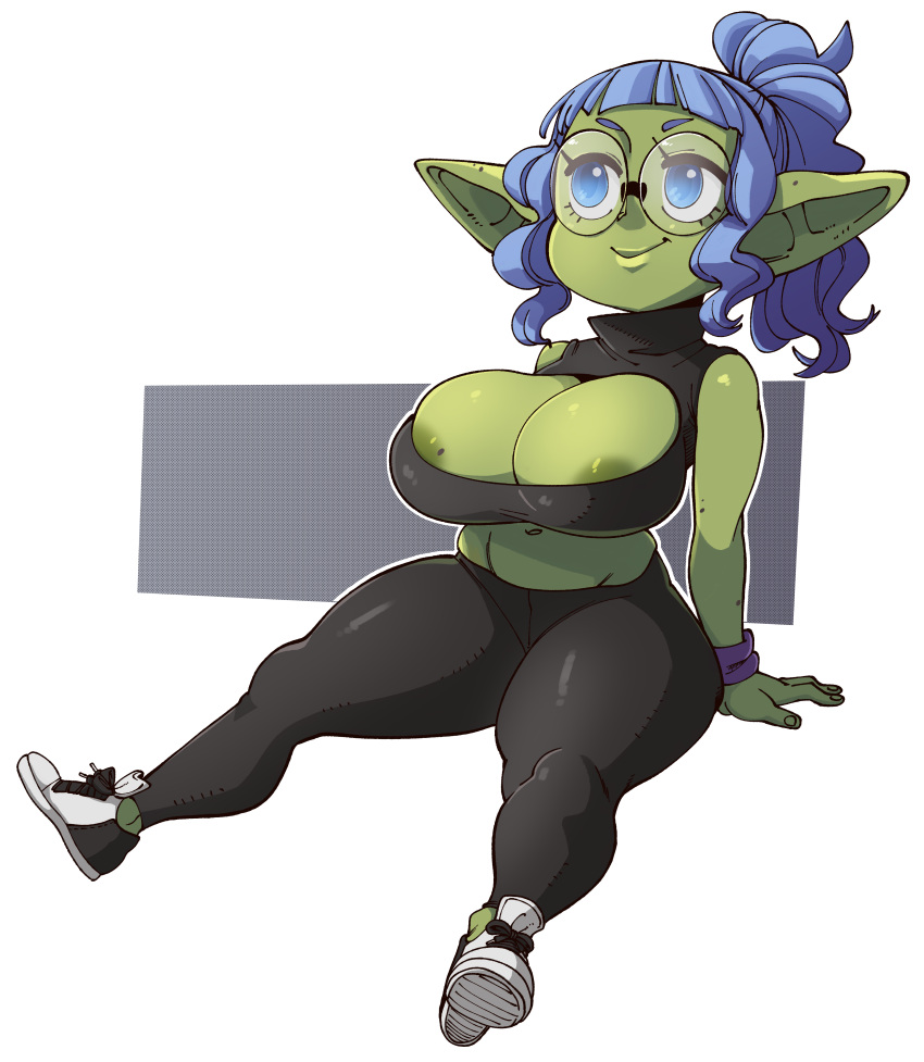 absurd_res areola big_breasts blue_hair bottomwear breasts clothing eyewear female footwear glasses goblin green_body green_skin hair hi_res humanoid navel not_furry nuclearwasabi pants shoes solo