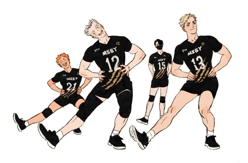 4boys black_footwear black_hair black_shirt black_shorts blonde_hair bokuto_koutarou brown_eyes chengongzi123 closed_mouth english_commentary grey_hair haikyuu!! hands_on_own_hips head_tilt highres hinata_shouyou knee_pads looking_at_viewer male_focus mask mouth_mask multicolored_hair multiple_boys numai_kazuma o_o open_mouth orange_hair sakusa_kiyoomi shirt shoes short_sleeves shorts simple_background sportswear standing streaked_hair stretching t-shirt undercut volleyball_uniform white_background yellow_eyes