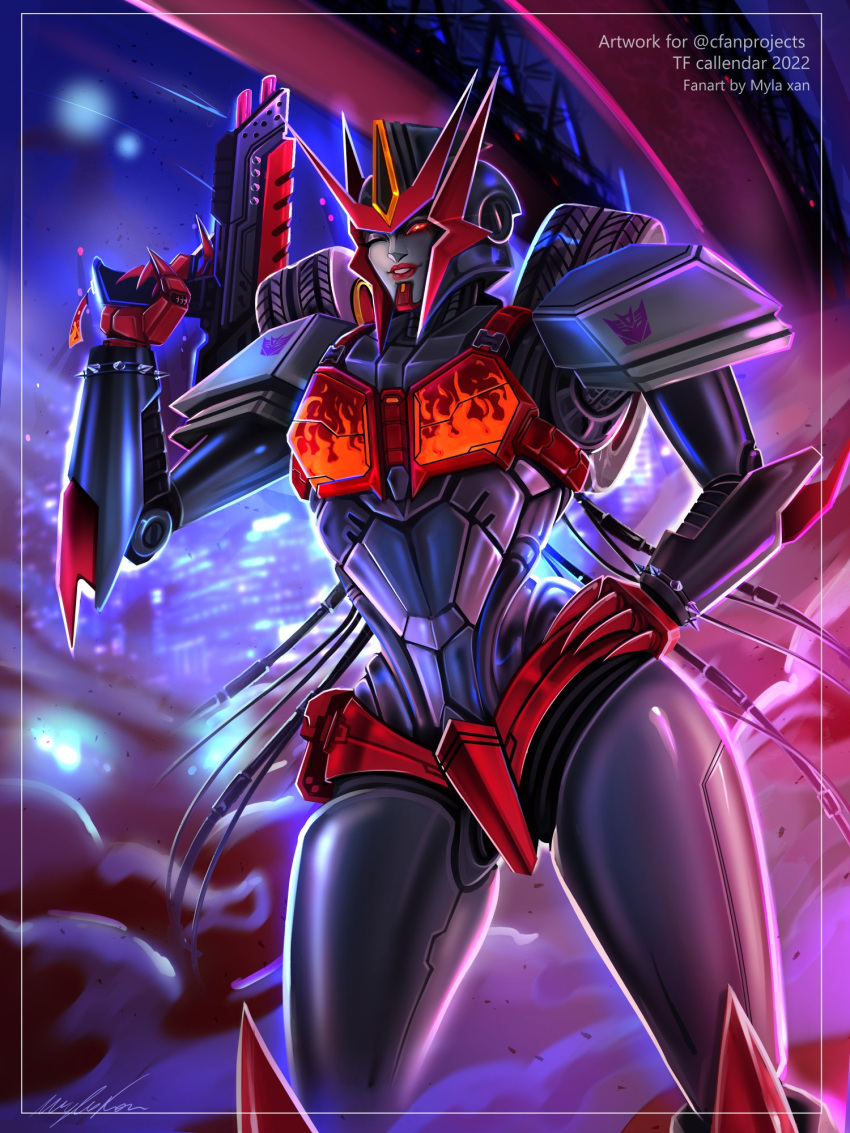 1girl armor colored_skin decepticon fingernails flamewar flat_chest grey_skin gun hand_on_own_hip handgun helmet highres looking_at_viewer mecha myla_xan narrow_waist one_eye_closed panties red_eyes red_lips red_panties robot robot_girl science_fiction sharp_fingernails shoulder_armor solo thighs transformers underwear weapon