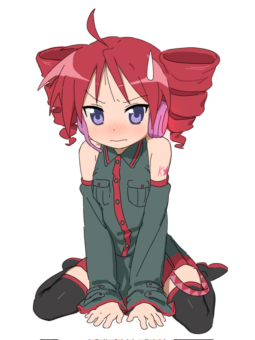 1girl ahoge bare_shoulders blush boots cosplay detached_sleeves drill_hair full_body highres hiiragi_kagami kasane_teto kasane_teto_(cosplay) lucky_star purple_eyes red_hair simple_background sitting sketch solo thigh_boots twin_drills utau wariza wavy_mouth white_background wuju_(1198979953) zettai_ryouiki