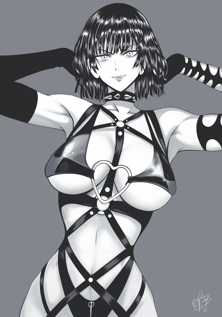 1girl absurdres armpits bondage_outfit breasts closed_mouth collar commentary elbow_gloves english_commentary fubuki_(one-punch_man) gloves greyscale hands_up heart_o-ring highleg highleg_panties highres large_breasts light_smile looking_at_viewer monochrome mostlybluewyatt o-ring one-punch_man panties short_hair signature simple_background solo spiked_collar spikes underwear v-shaped_eyebrows zipper