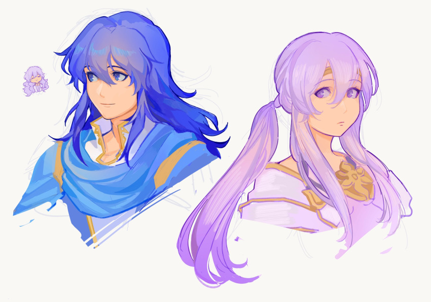 1boy 1girl alternate_hairstyle blue_cape blue_eyes blue_hair brother_and_sister cape chibi circlet deirdre_(fire_emblem) dress fire_emblem fire_emblem:_genealogy_of_the_holy_war hair_down hairstyle_switch highres julia_(fire_emblem) lamb_(contra_entry) long_hair ponytail purple_eyes purple_hair seliph_(fire_emblem) siblings simple_background upper_body