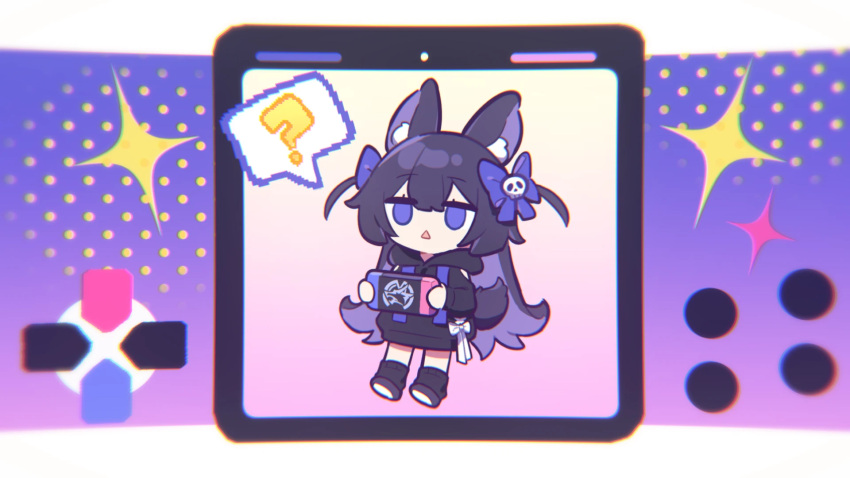 1girl adapted_costume animal_ears black_hair black_socks blue_eyes bow colored_inner_hair fox_ears hair_bow hair_ornament highres honkai:_star_rail honkai_(series) long_hair looking_to_the_side multicolored_hair nintendo_switch open_mouth original purple_bow rabbit_tail silver_wolf_(honkai:_star_rail) skull_hair_ornament socks solo tail triangle_mouth two_side_up very_long_hair xiao_hutu xiaohutu