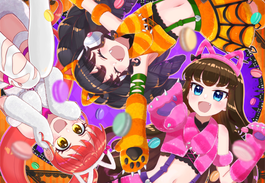 3girls :d animal_ear_hairband animal_ears animal_hands black_hair blue_eyes blurry blurry_foreground blush brown_hair cat_ear_hairband cat_ears circle_formation claws crop_top facing_viewer fake_animal_ears fang fangs flat_chest food from_above fur_gloves fur_scarf fur_skirt gaaruru_(pripara) gloves hairband halloween_costume hand_up hands_on_own_cheeks hands_on_own_face hands_up jinno_(jin_c_kkry) knees_up kurosu_aroma long_hair looking_at_viewer lying macaron midriff multiple_girls on_back open_mouth orange_gloves orange_hairband orange_skirt paw_gloves pink_hairband pink_scarf ponytail pretty_series pripara red_hair scarf shiratama_mikan skirt smile suspenders twintails white_gloves white_hairband yellow_eyes