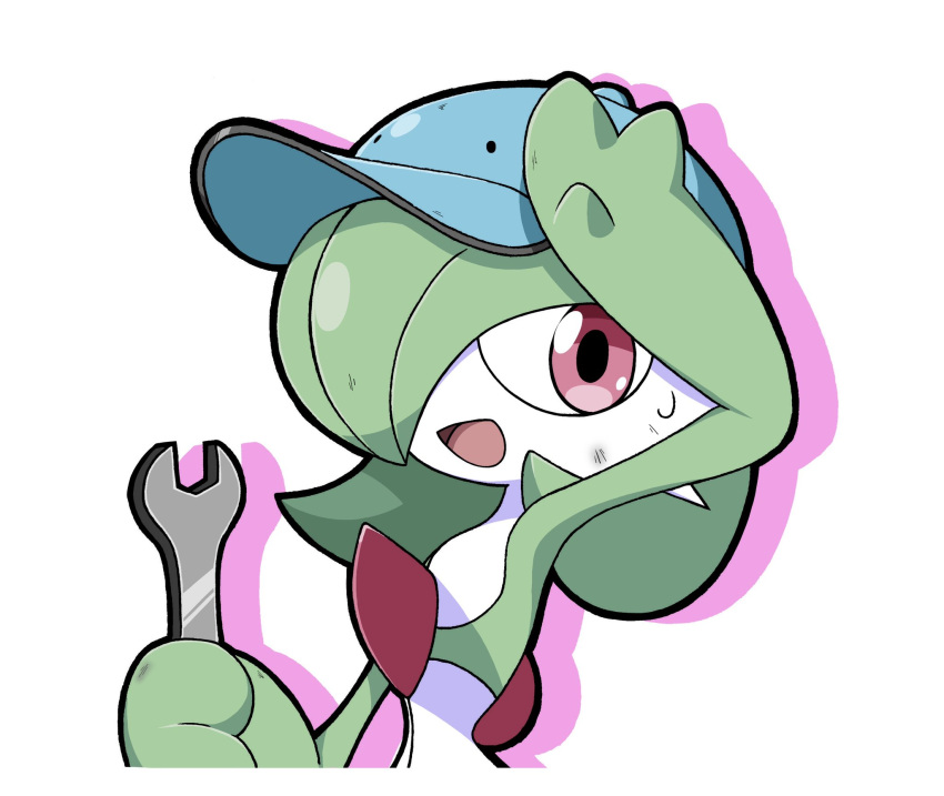 blue_headwear colored_skin dirt envi55109095 gardevoir green_hair hair_over_one_eye hat highres holding holding_wrench looking_at_viewer multicolored_skin open_mouth pink_eyes pokemon pokemon_(creature) simple_background sweatdrop two-tone_skin white_background white_skin wrench