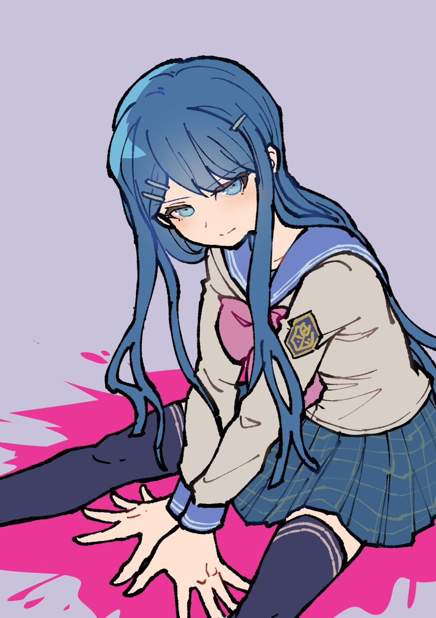 1girl absurdres black_thighhighs blood blue_eyes blue_hair blue_sailor_collar bow bowtie closed_mouth danganronpa:_trigger_happy_havoc danganronpa_(series) grey_shirt hair_ornament hairclip hands_on_ground highres legs_apart long_hair long_sleeves looking_at_viewer maizono_sayaka pink_blood pink_bow pink_bowtie plaid plaid_skirt pleated_skirt sailor_collar shirt sitting skirt solo thighhighs youko-shima