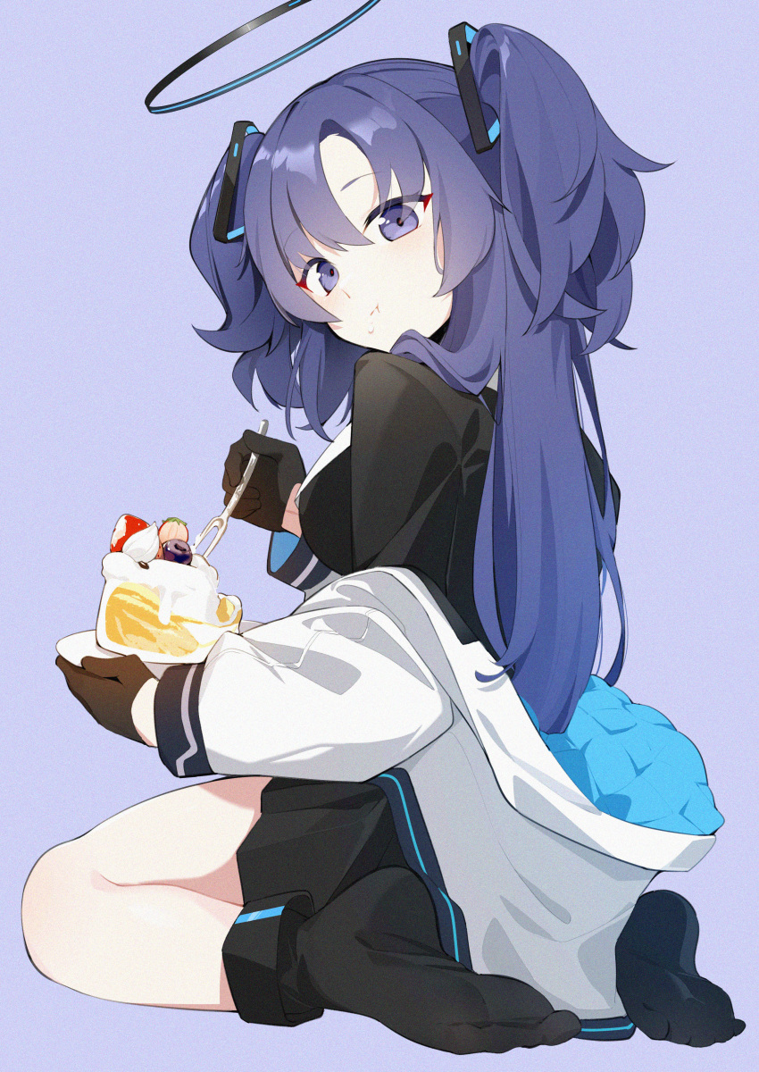 1girl absurdres black_skirt black_socks blue_archive breasts cake closed_mouth food fork halo highres holding holding_fork jacket long_hair long_sleeves mechanical_halo medium_breasts purple_background purple_eyes purple_hair simple_background skirt socks solo suit two-sided_fabric two-sided_jacket two_side_up wako_(1194433260) white_jacket yuuka_(blue_archive)