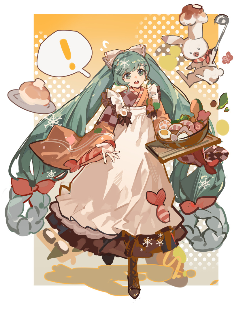 ! 1girl :o absurdres alternate_costume apron aqua_eyes aqua_hair bow creature dropping food hair_bow hair_ornament hands_up hatsune_miku highres holding holding_plate japanese_clothes kimono long_hair long_sleeves maid_apron mento multicolored_clothes multicolored_kimono noodles open_mouth plate ramen red_pupils solo spoken_exclamation_mark teeth tongue twintails upper_teeth_only very_long_hair vocaloid wide_sleeves