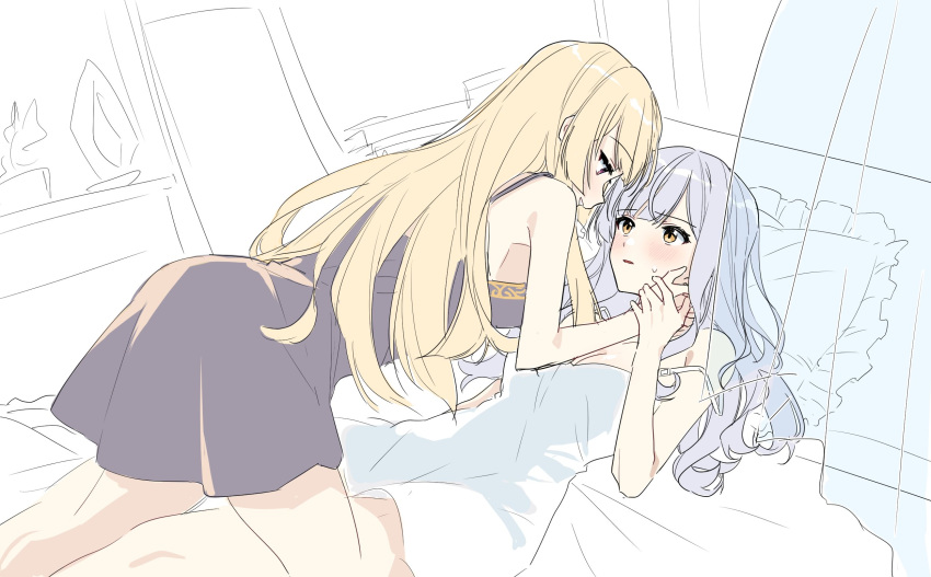 2girls all_fours arm_at_side assault_lily bangs bare_arms bare_shoulders bed blonde_hair blunt_bangs blush breasts brown_dress cleavage commentary_request danji_(danji_bang) dress eye_contact frilled_pillow frills girl_on_top grey_hair hair_down hand_grab hand_on_another's_cheek hand_on_another's_face hand_up highres indoors kon_kanaho korean_commentary long_hair looking_at_another lying medium_breasts miyagawa_takane multiple_girls naughty_face nightgown on_back on_bed parted_lips partially_colored pillow profile purple_eyes sketch sleeveless sleeveless_dress smile spaghetti_strap strap_slip sweatdrop transparent unfinished unfinished_background very_long_hair wavy_hair white_background white_dress yellow_eyes yuri