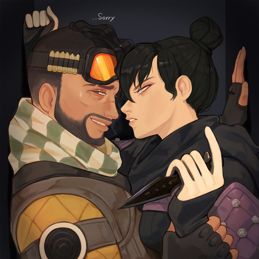 1boy 1girl apex_legends black_gloves black_hair black_scarf blue_eyes bodysuit brown_eyes checkered_clothes checkered_scarf commentary facial_hair fingerless_gloves from_side gloves goatee goggles goggles_on_head green_scarf hair_behind_ear hair_bun holding holding_another's_wrist holding_knife knife kunai looking_back mirage_(apex_legends) namjak orange_bodysuit parted_lips scarf single_hair_bun symbol-only_commentary trapped weapon wraith's_kunai wraith_(apex_legends)
