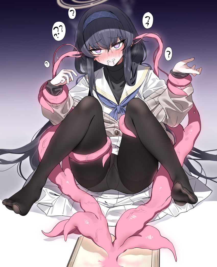 1girl ? @_@ black_hair black_pantyhose black_shirt blue_archive blue_neckerchief blush book buttons cardigan gradient_background grey_cardigan hairband halo highres hypnosis long_hair long_sleeves mind_control nakamura_rohane neckerchief open_book open_mouth pantyhose pleated_skirt purple_eyes purple_hairband sailor_collar shirt skirt solo spoken_question_mark tentacles ui_(blue_archive) white_sailor_collar white_skirt