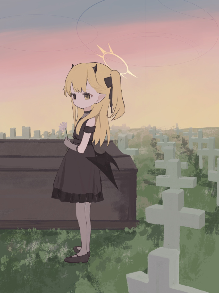 1girl absurdres bare_shoulders black_dress blonde_hair blue_archive closed_mouth coffin cross dress elbow_gloves evening expressionless flower from_side full_body gloves grass graveyard grey_gloves grey_pantyhose halo highres holding holding_flower horns ibuki_(blue_archive) ibuki_(dress)_(blue_archive) latin_cross long_hair looking_at_viewer low_wings mary_janes multicolored_sky nemuri_oekaki one_side_up outdoors pantyhose pink_sky pointy_ears shoes sky sleeveless sleeveless_dress solo standing tombstone white_flower wings yellow_eyes yellow_sky