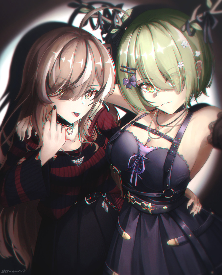 2girls absurdres ahoge antlers arm_around_waist belt black_belt black_choker black_hair black_nails black_skirt black_sleeves black_sweater breasts brown_hair ceres_fauna ceres_fauna_(4th_costume) choker cleavage detached_sleeves dress flower hair_flower hair_ornament hair_over_one_eye highres hololive hololive_english horns lace-trimmed_choker lace_trim large_breasts looking_at_viewer middle_finger multicolored_hair multiple_girls nail_polish nanashi_mumei nanashi_mumei_(4th_costume) official_alternate_costume red_sweater skirt sleeveless sleeveless_dress streaked_hair sweater tongue tongue_out torn_clothes torn_sweater virtual_youtuber white_hair zeranium_(zeranium17)